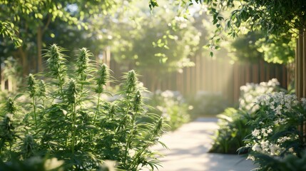 Obraz premium Green plants in a sunny garden path.