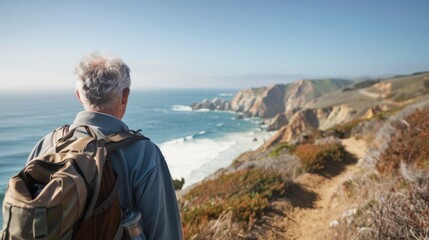 Fototapeta premium An older man enjoys a coastal hike along a scenic trail overlooking the ocean on a sunny day