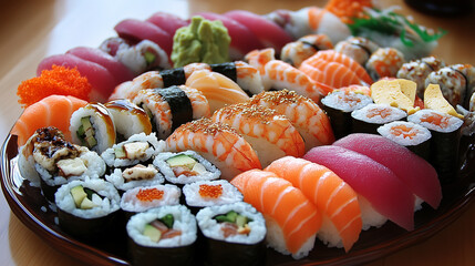 Na eleganckim stole znajduje się wyrafinowany zestaw sushi, w którym każdy kawałek jest starannie ułożony.