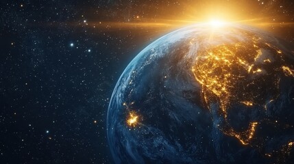 Fototapeta premium A stunning view of Earth from space, with the sun rising over the horizon. The planet's continents are visible, with a warm glow emanating from the cities.