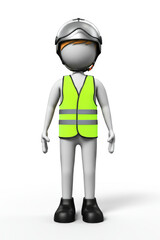 3d human at a stop pose. Green luminous protective vest, protective helmet
