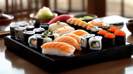 Na eleganckim stole znajduje się wyrafinowany zestaw sushi, w którym każdy kawałek jest starannie ułożony.