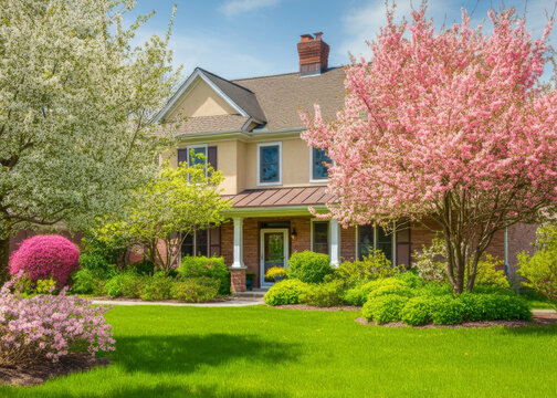 Beautiful exterior home with green grass yard, trees in bloom, and flowering bushes during morning spring time.