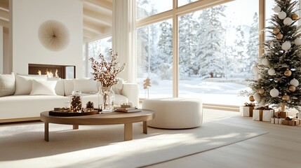 Living room with large windows, snow outside, and holiday decorations, 3D illustration