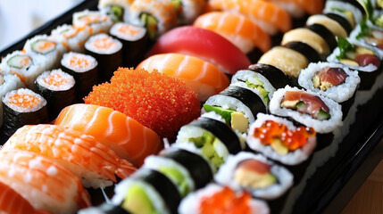 Na eleganckim stole znajduje się wyrafinowany zestaw sushi, w którym każdy kawałek jest starannie ułożony.