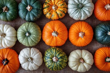 A vibrant assortment of pumpkins in different colors and patterns is displayed on a textured burlap...