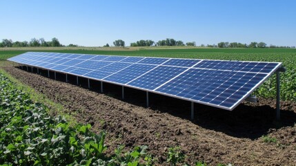 Solar panels in a field of crops.