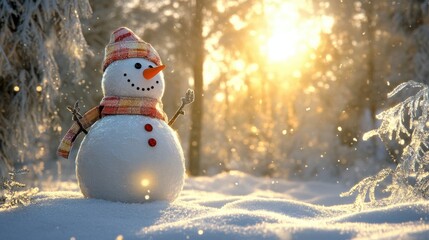 Obraz premium A cheerful snowman stands in a snowy forest, basking in the warm glow of the winter sun.