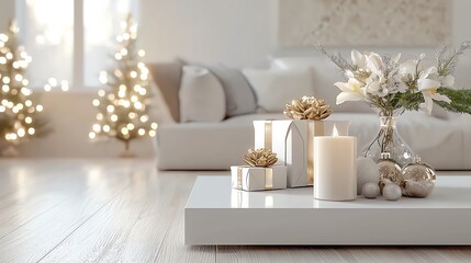 Modern minimalist living room with white and silver Christmas decor, clean and stylish, 3D illustration