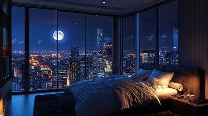 A cozy bedroom with a stunning view of a city skyline lit by the moon at night.