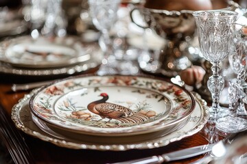 A beautifully arranged dinner table displaying ornate china plates with a turkey motif, surrounded by delicate glassware and silverware