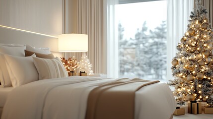 Simple bedroom with white and gold Christmas decor, tranquil and festive, 3D illustration