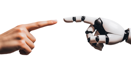 A woman's finger touches a finger of a robot's white metallic finger. Concept of harmonious coexistence of humans and AI technology. Isolated on transparent background, png cutout.

