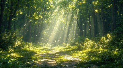 Obraz premium Sun beams through forest, path ahead.
