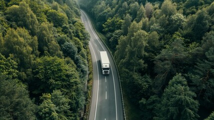 Fototapeta premium A truck driving through a winding road surrounded by lush green forests on a sunny day in a tranquil rural area