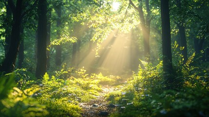 Naklejka premium Sunlight beams through a forest path.
