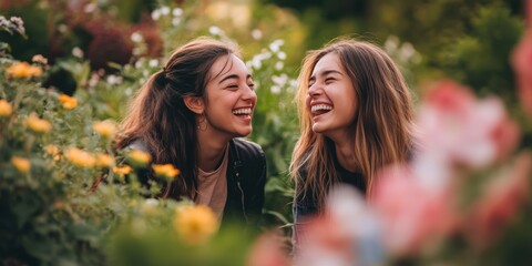 Fototapeta premium Two women laughing in a garden.