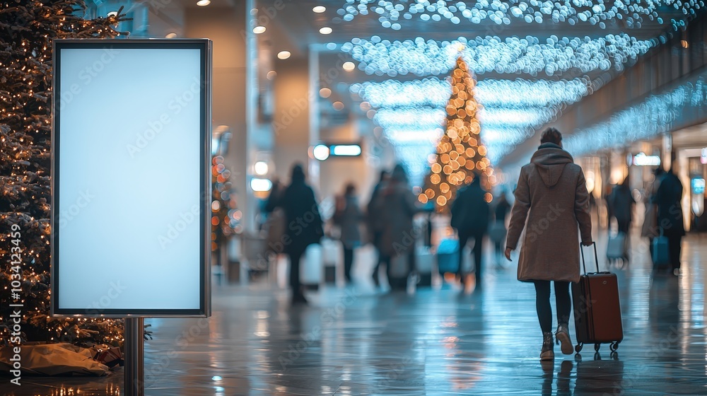 Poster mock up with vertical blank digital display and travelers at airport terminal decorated with christm