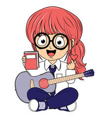 Cute Girl Cartoon Play Guitar