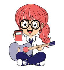 Cute Girl Cartoon Play Guitar