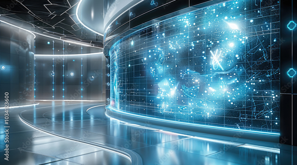 Aufkleber a futuristic convention stage centered on artificial intelligence, a large curved led screen display