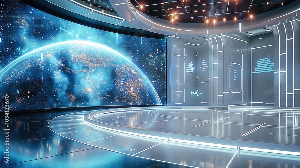 Aufkleber A futuristic convention stage centered on artificial intelligence, a large curved LED screen displaying dynamic AI visuals, a glossy floor with intelligent lighting that changes based on the topic.