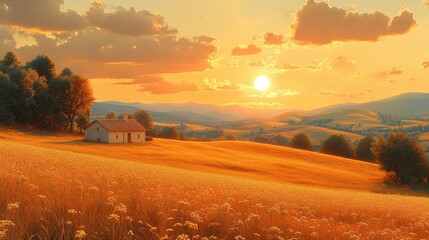 Fototapeta premium Lonely house in a golden field at sunset.