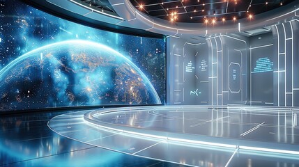 A futuristic convention stage centered on artificial intelligence, a large curved LED screen displaying dynamic AI visuals, a glossy floor with intelligent lighting that changes based on the topic.