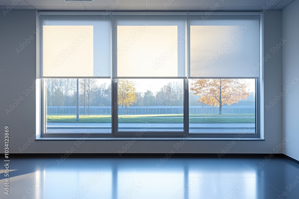 Poster bright morning light streams through large windows showcasing vibrant autumn trees outside an empty 