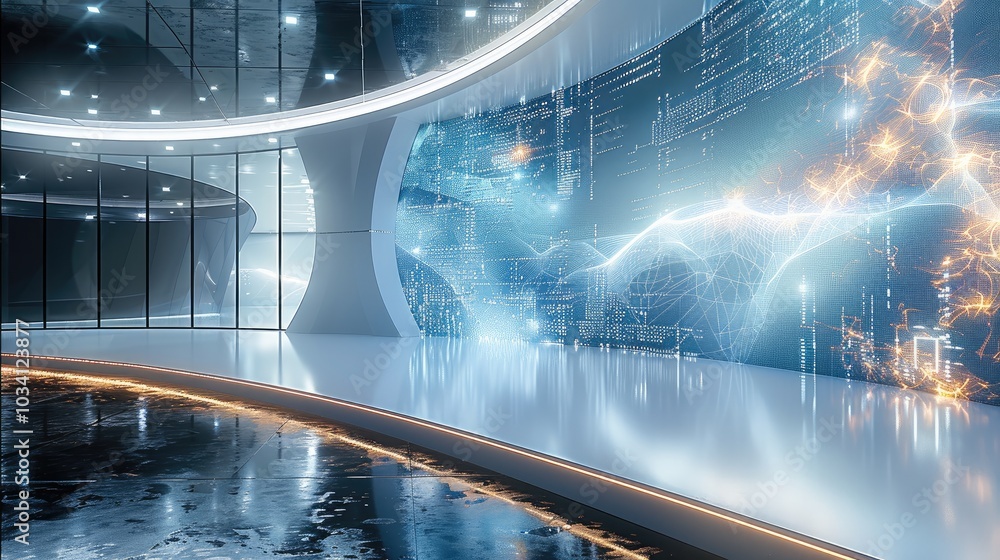 Aufkleber A futuristic convention stage centered on artificial intelligence, a large curved LED screen displaying dynamic AI visuals, a glossy floor with intelligent lighting that changes based on the topic.