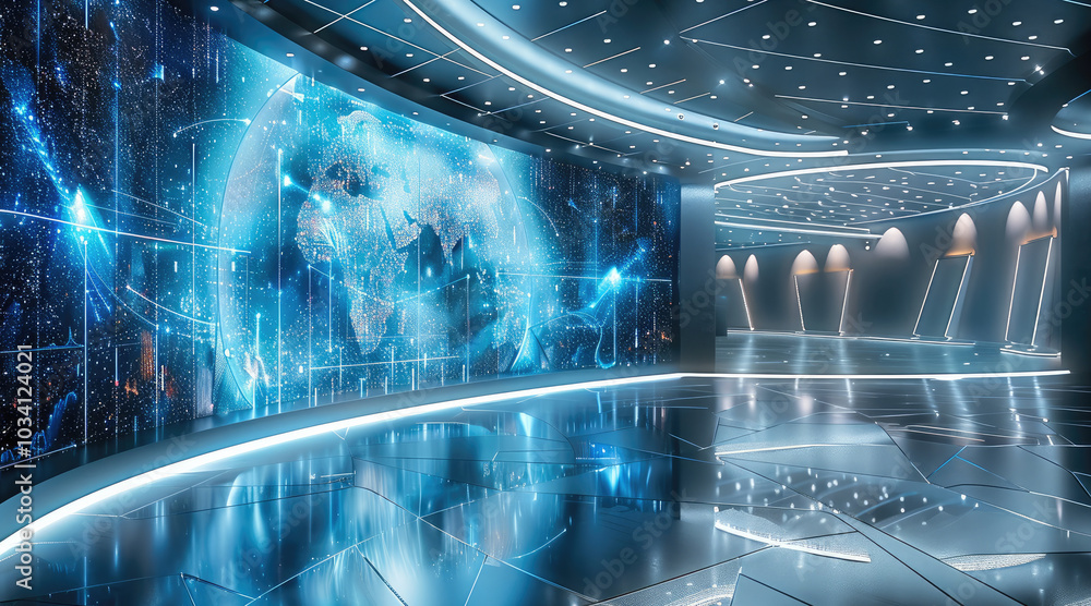 Fototapete A futuristic convention stage centered on artificial intelligence, a large curved LED screen displaying dynamic AI visuals, a glossy floor with intelligent lighting that changes based on the topic.