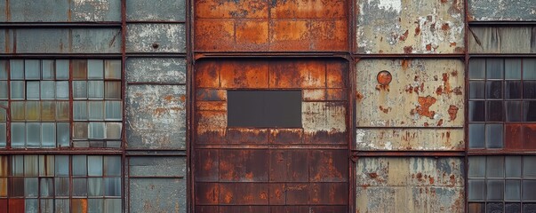 Rusty and weathered industrial building facade with faded colors and textures.