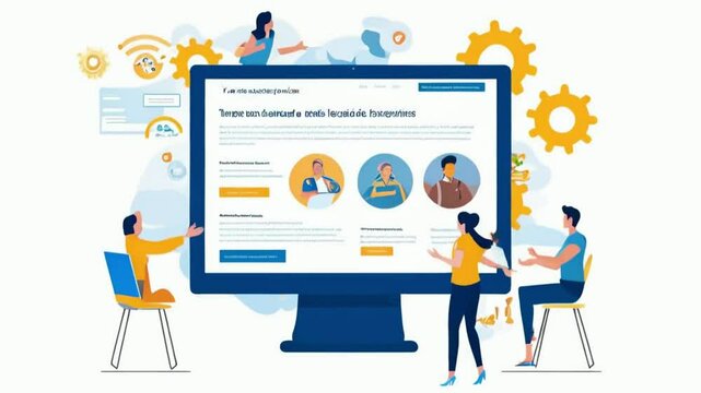 Illustration of a digital platform showcasing services with people interacting and gears in the background.