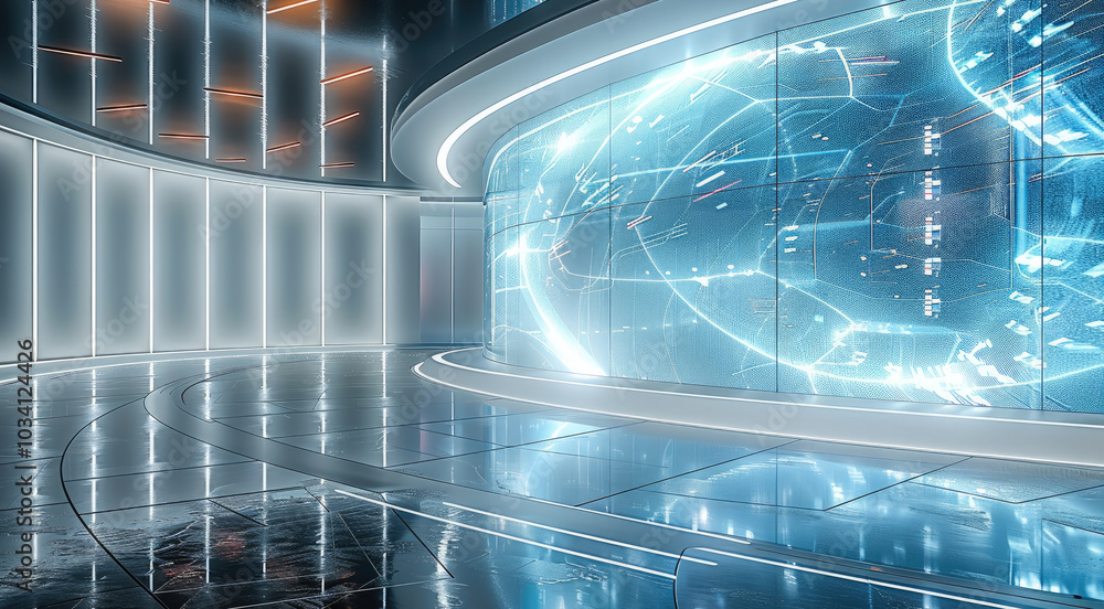Poster a futuristic convention stage centered on artificial intelligence, a large curved led screen display