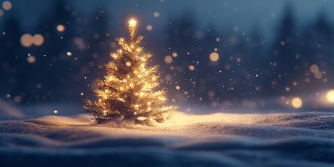 A small Christmas tree with twinkling lights sits on a snowy background, creating a warm and festive scene.