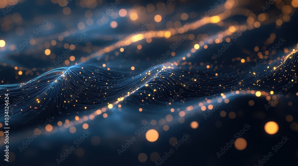 Poster abstract light waves with shimmering particles on a dark background.