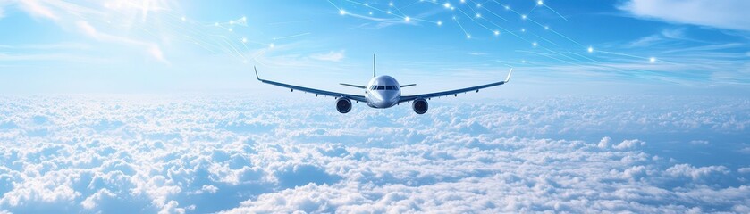 Obraz premium Airplane flying above clouds during sunny day with blue sky.