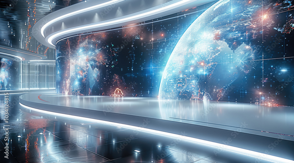 Leinwandbilder A futuristic convention stage centered on artificial intelligence, a large curved LED screen displaying dynamic AI visuals, a glossy floor with intelligent lighting that changes based on the topic.