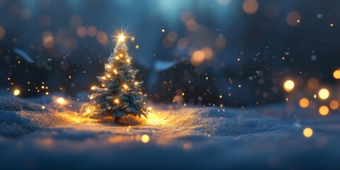 Naklejka premium A small Christmas tree with twinkling lights sits on a snowy background, creating a warm and festive scene.