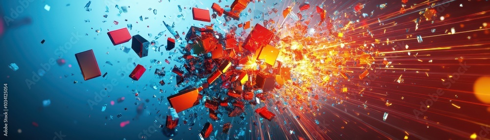 Poster colorful explosion of particles with dynamic light effects, abstract design.