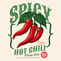 Spicy chili artwork. Chili graphic print design. food prints. summer girls artwork. vintage grunge texture. Hot chili t shirt design for t shirt print, poster, sticker, background and other uses.