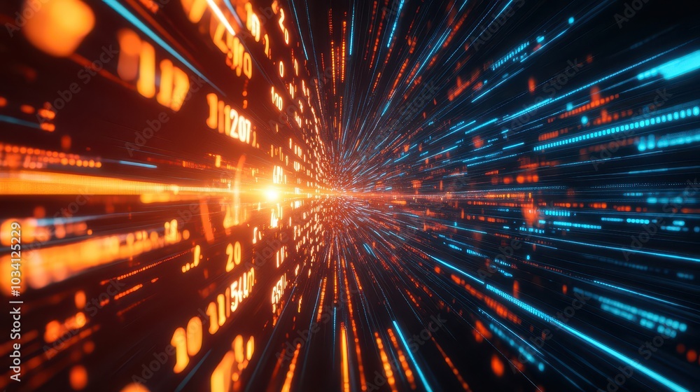 Poster digital data stream visual in vibrant colors on a dark background.