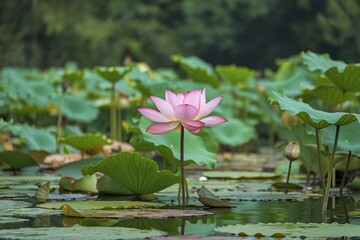 A pink lotus flower blooming in a pond surrounded by green lily pads and water