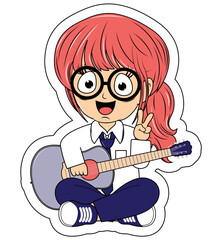 Cute Girl Cartoon Play Guitar