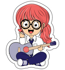 Cute Girl Cartoon Play Guitar