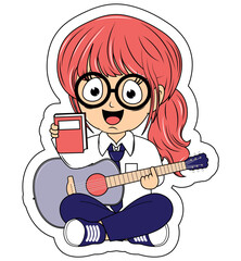Cute Girl Cartoon Play Guitar