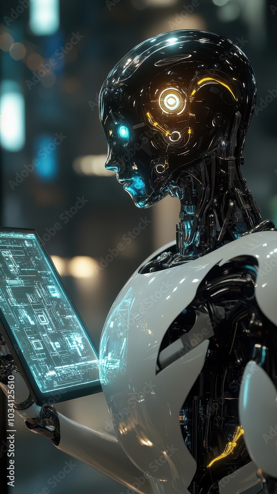 Poster futuristic robotic figure interacting with a digital display, isolated background.