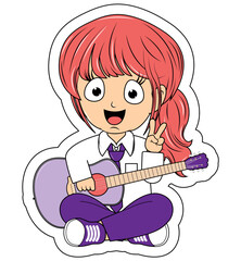Cute Girl Cartoon Play Guitar