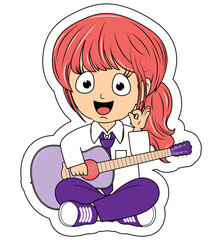 Cute Girl Cartoon Play Guitar