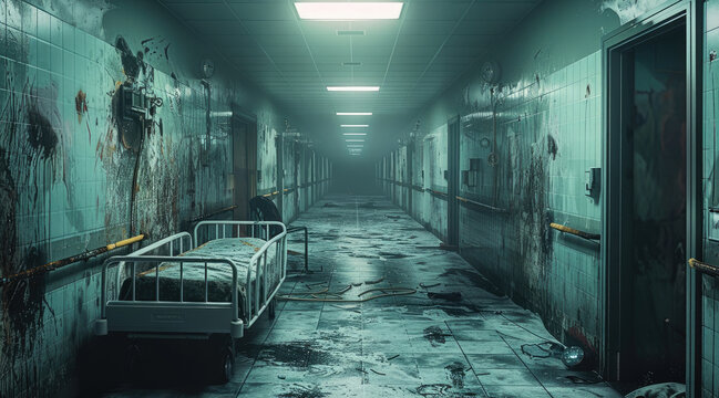 Horror scene of a hospital, with a hospital bed, zombies down the entire hallway, dilapidated looking hallway.